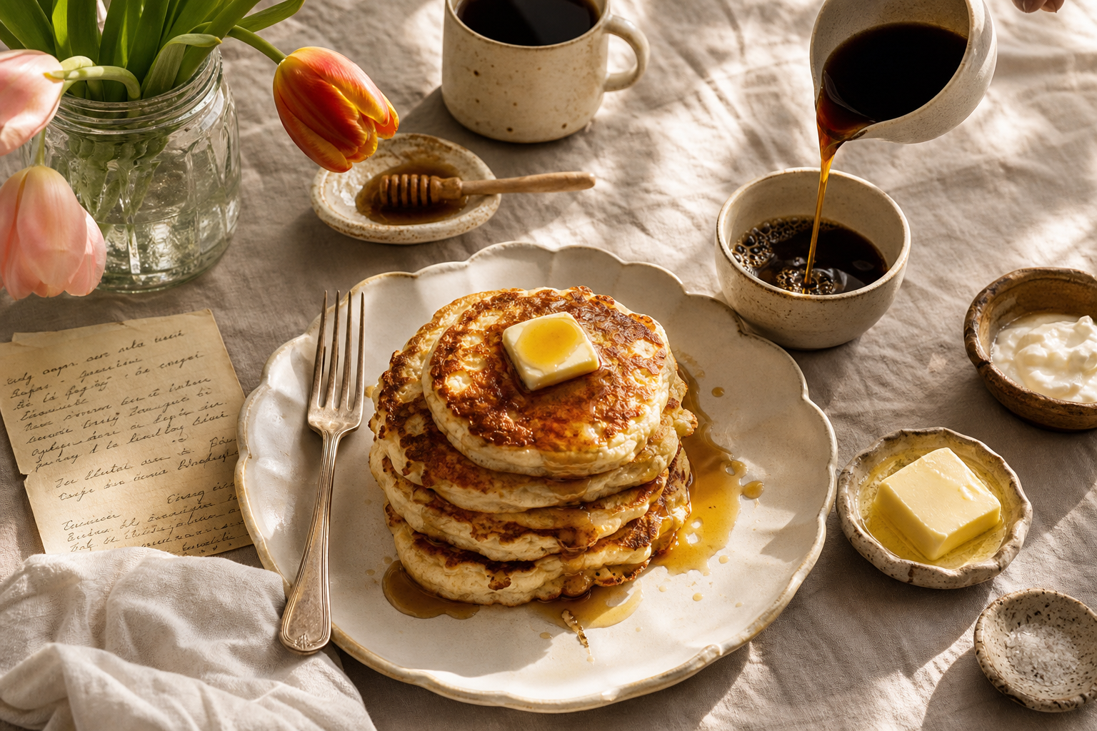Brunch spread from above, coffee mid-pour